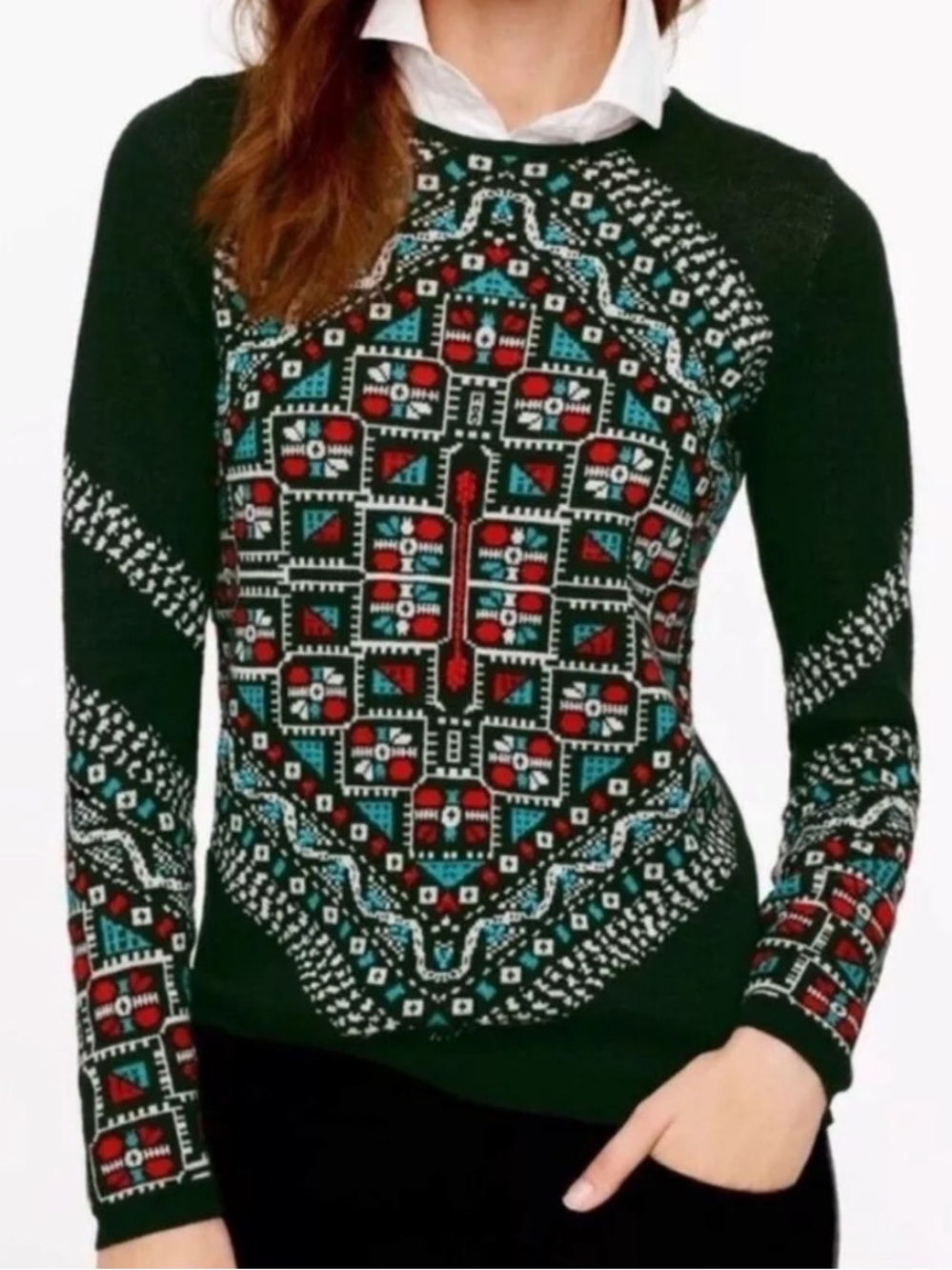 J.Crew Women M Green Knit Merino Wool Knotted Scarf Pullover Crew Neck Sweater
